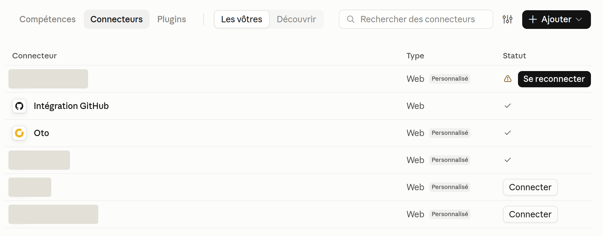 Personnaliser › Connecteurs : la liste de vos connecteurs et le bouton Ajouter.