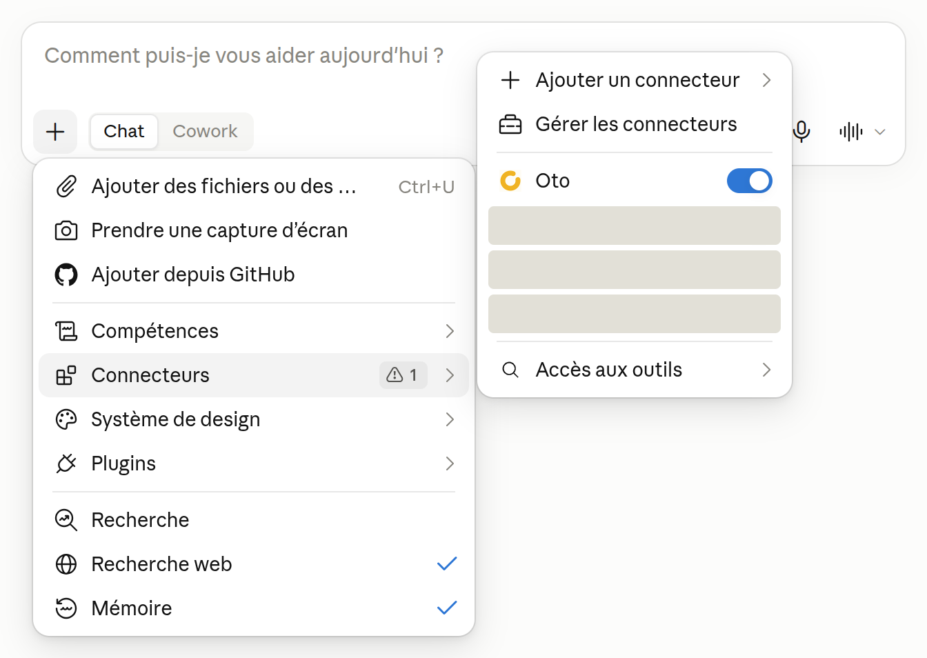 Dans une conversation : + › Connecteurs, l'interrupteur Oto activé.